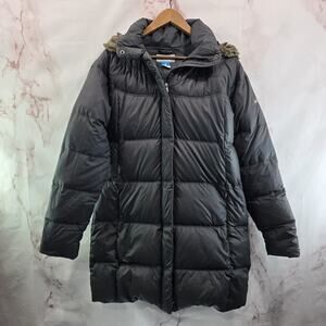 Columbia Down Puffer Jacket Womens Large Black Parka Coat Hood Long Fur